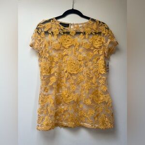 INC International Concepts gold flower embroidered sheer lace top